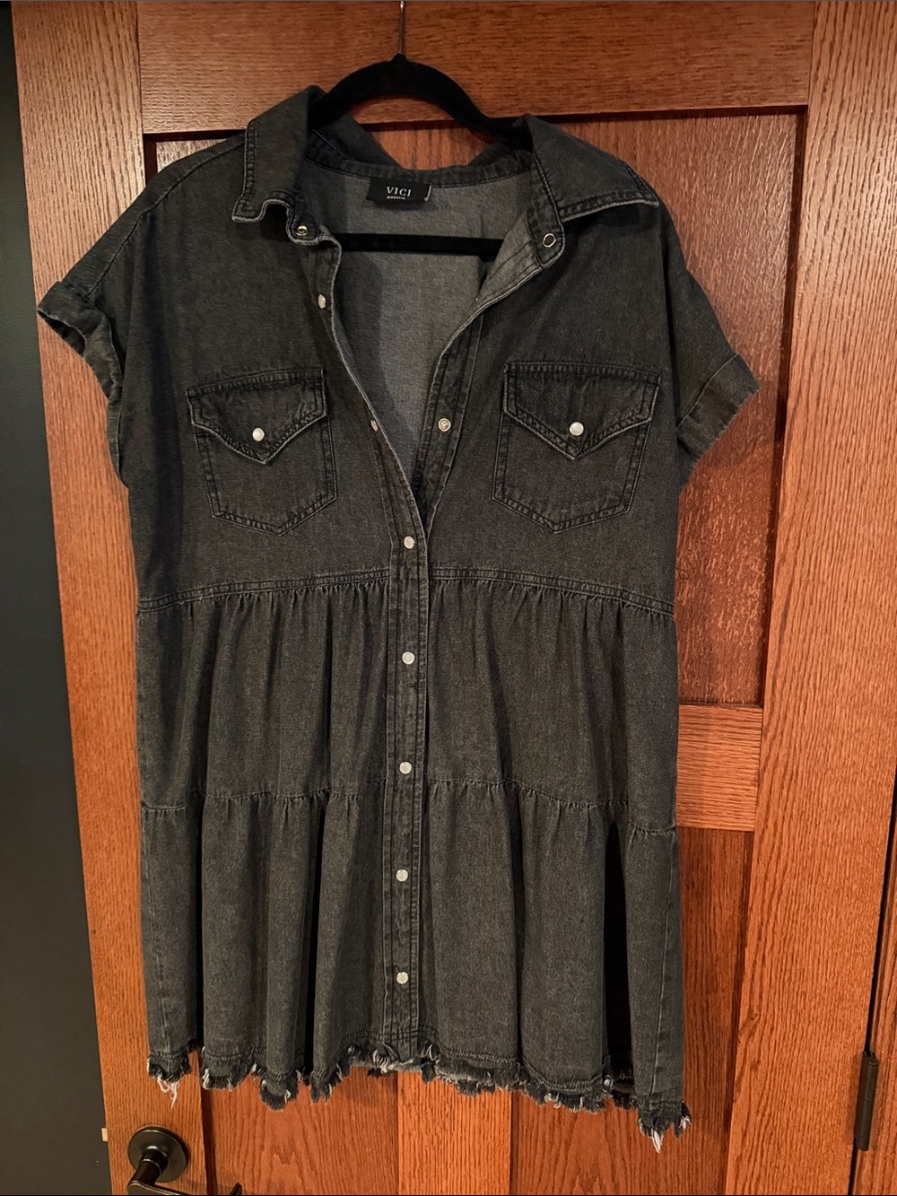 Vici Black Washed Denim Tiered Shirt Dress